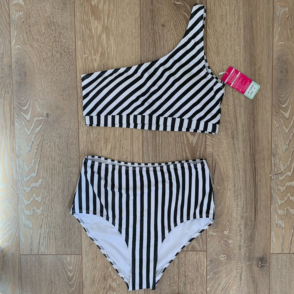 Striped One Shoulder High Waisted Swimsuit